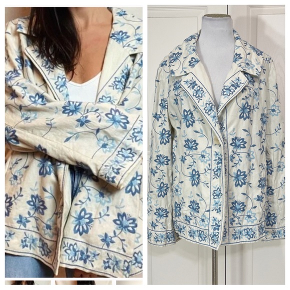 J. Jill Jackets & Coats Linen J Jill Blue Floral Embroidered Linen